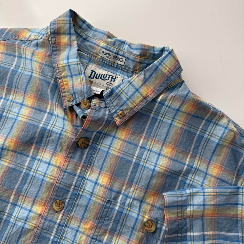 DULUTH Untucked Short Sleeve Button Down Shirt Mens 2XL Relaxed Plaid Blue